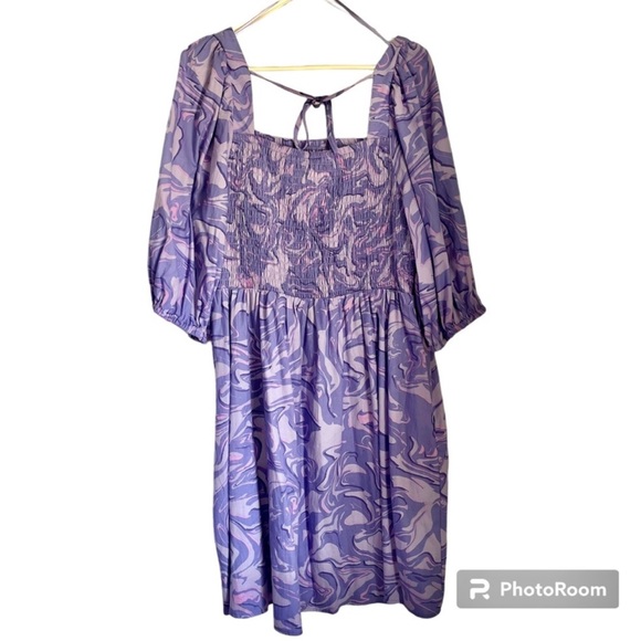 $15! 100% Cotton Ava & Viv Women's Purple Swirl Puff Elbow Sleeve Mini Dress - Picture 4 of 7